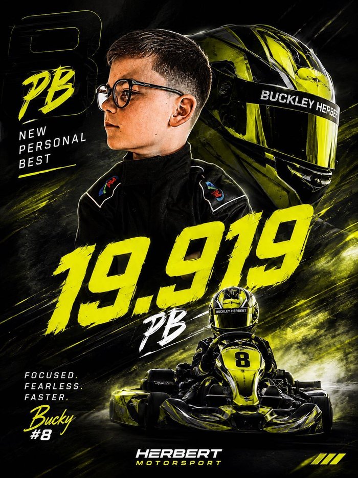 Buckley Herbert celebrating his new personal best lap time of 19.919 seconds, kart number 8