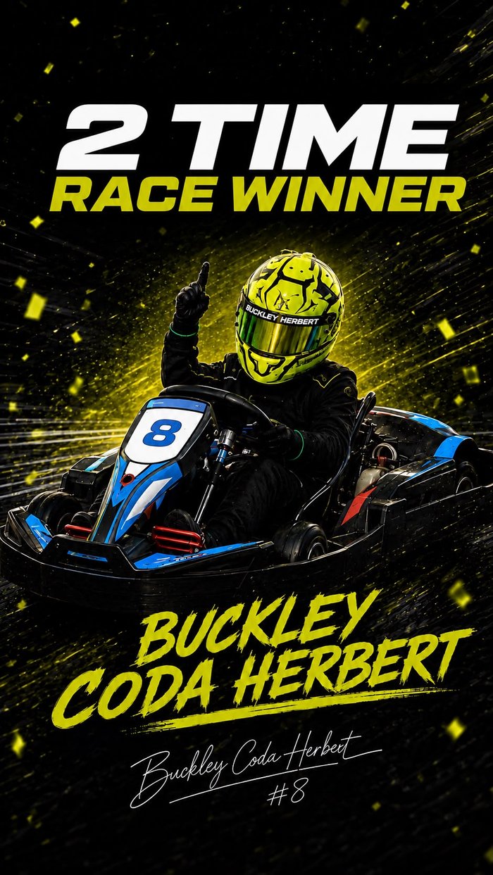 Graphic celebrating Buckley Herbert as a two-time race winner, kart number 8